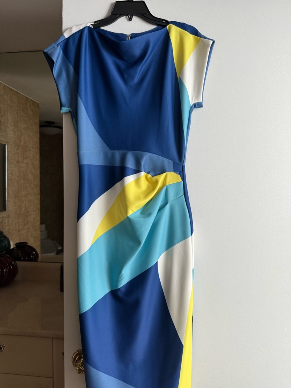 Donna Karan Blue, Yellow & White Geometric Midi Dress